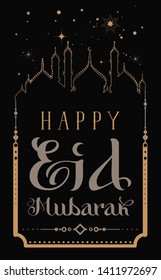 Happy Eid Mubarak black greeting card ramadan holiday. Vector illustration
