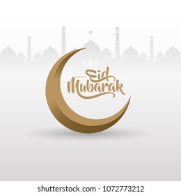 Happy eid mubarak calligraphy, with mosque and moon