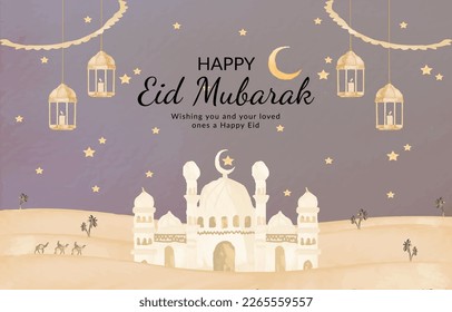 Modelo de diseño de tarjetas de Eid Mubarak feliz con una mezquita acuarela de velas estrellas de luna de luz ilustración vectorial
