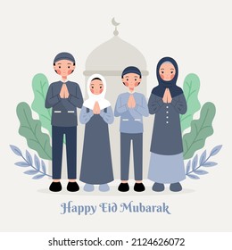 Happy eid mubarak cartoon character flat vector 