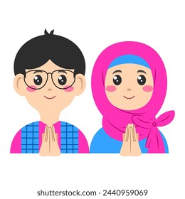 Happy Eid Mubarak cartoon giving greetings, digital art illustration