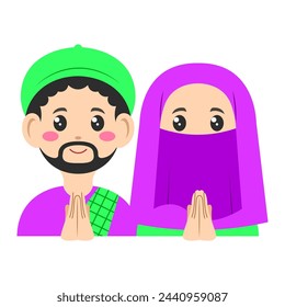 Happy Eid Mubarak cartoon giving greetings, digital art illustration