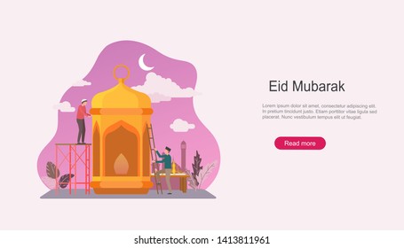 Happy Eid Mubarak celebration concept illustration. Islamic Holy Month, Ramadan Kareem. Landing page templates, Flyer, Banner, Card invitation, Print and social media.