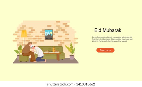 Happy Eid Mubarak celebration concept illustration. Islamic Holy Month, Ramadan Kareem. Landing page templates, Flyer, Banner, Card invitation, Print and social media.