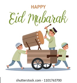 Happy Eid Mubarak. Children celebrate the Eid by hitting drum