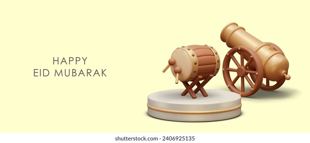 Happy Eid Mubarak. Composition with cannon and Bedug drum on yellow background. Celebrate Ramadan concept. Vector illustration in 3d style with yellow background