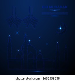 Happy Eid Mubarak consists of dots. Abstract vector image of a mosque and ketupat (the diamond) in the sky or starred space.