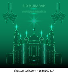 Happy Eid Mubarak consists of green dots. Abstract vector image of a mosque and ketupat (the diamond) in the sky or starred space.