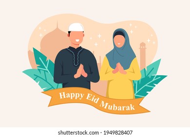 Happy Eid Mubarak with couple moslem illustration. Flat eid al-fitr. Islamic kids Book Illustration, Landing page templates, Banners, Card Invitation, Social media.