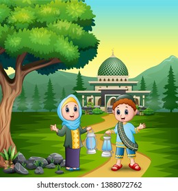 Happy eid mubarak with couple muslim holding the lantern