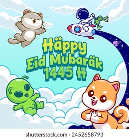 Happy Eid Mubarak With Cute Astronaut, Alien, Cat And Shiba Inu Celebration Cartoon Vector Icon Illustration. Animal Religion Icon Concept Isolated Premium Vector. Flat Cartoon Style