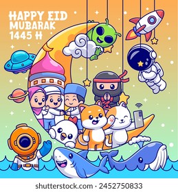 Happy Eid Mubarak With Cute Astronaut, Alien, Cat and Shiba inu Celebration Cartoon Vector Icon Illustration. Animal Holiday Icon Concept Isolated Premium Vector. Flat Cartoon Style