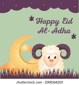 Happy Eid Mubarak Cute Greeting Card with Sheep Art Pictures (Eid Mubarak islamic vector illustration design)