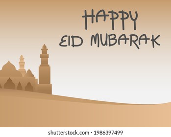 Happy Eid Mubarak with desert view and mosque visible