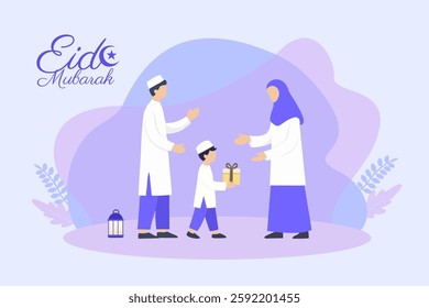 Happy Eid Mubarak. Eid Mubarak Family Celebration With Child Giving Gift To Parents In Flat Vector Illustration, Symbolizing Love, Gratitude, And Togetherness