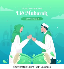 Happy Eid Mubarak Flat Design With Muslim Handshake Concept