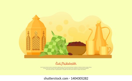 Happy eid mubarak with foods and lantern concept. Fasting Ramadan design for Landing page templates, Illustration design, Banners, Cover, Card Invitation, Poster and Social media.