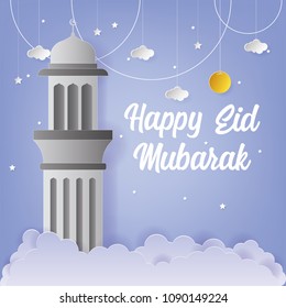 Happy Eid Mubarak Greeting Card design with Tower Mosque Vector Illustration. Happy Eid Mubarak Greeting Card Background. Paper art and Craft Style. Vector Illustration.