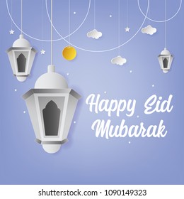 Happy Eid Mubarak Greeting Card design with Lantern Vector Illustration. Happy Eid Mubarak Greeting Card Background. Paper art and Craft Style. Vector Illustration.