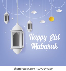 Happy Eid Mubarak Greeting Card design with Lantern Vector Illustration. Happy Eid Mubarak Greeting Card Background. Paper art and Craft Style. Vector Illustration.