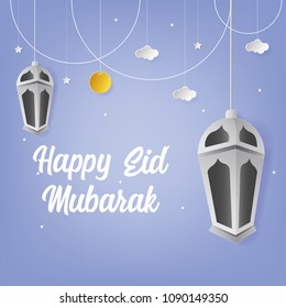 Happy Eid Mubarak Greeting Card design with Lantern Vector Illustration. Happy Eid Mubarak Greeting Card Background. Paper art and Craft Style. Vector Illustration.