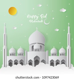 Happy Eid Mubarak Greeting Card design with mosque vector Illustration. Happy Eid Mubarak Greeting Card Background. Mosque Paper art Illustration. Paper art and craft style.