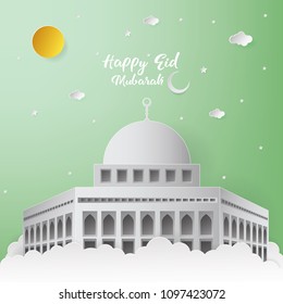 Happy Eid Mubarak Greeting Card design with mosque vector Illustration. Happy Eid Mubarak Greeting Card Background. Mosque Paper art Illustration. Paper art and craft style.