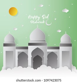 Happy Eid Mubarak Greeting Card design with mosque vector Illustration. Happy Eid Mubarak Greeting Card Background. Mosque Paper art Illustration. Paper art and craft style.