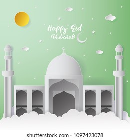 Happy Eid Mubarak Greeting Card design with mosque vector Illustration. Happy Eid Mubarak Greeting Card Background. Mosque Paper art Illustration. Paper art and craft style.