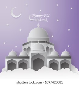 Happy Eid Mubarak Greeting Card design with mosque vector Illustration. Happy Eid Mubarak Greeting Card Background. Mosque Paper art Illustration. Paper art and craft style.