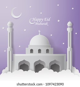 Happy Eid Mubarak Greeting Card design with mosque vector Illustration. Happy Eid Mubarak Greeting Card Background. Mosque Paper art Illustration. Paper art and craft style.