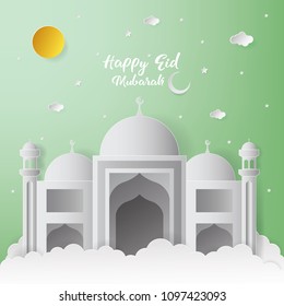 Happy Eid Mubarak Greeting Card design with mosque vector Illustration. Happy Eid Mubarak Greeting Card Background. Mosque Paper art Illustration. Paper art and craft style.