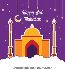 Happy Eid Mubarak Greeting Card design with Mosque vector Illustration. Happy Eid Mubarak Greeting Card Background. Mosque Flat Illustration. Happy Eid Mubarak. Flat Design.