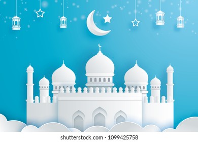 Happy Eid Mubarak greeting card with crescent moon paper art background. Ramadan Kareem vector illustration. Use for banner, poster, flyer, brochure sale template.