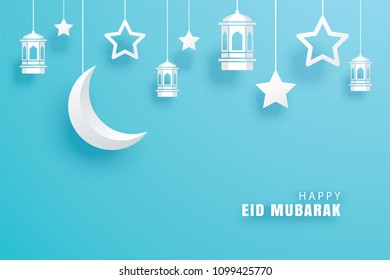 Happy Eid Mubarak greeting card with crescent moon paper art background. Ramadan Kareem vector illustration. Use for banner, poster, flyer, brochure template. Happy Eid Mubarak greeting card with crescent moon paper art background. Ramadan Kareem vector illustration. Use for banner, poster, flyer, brochure template.