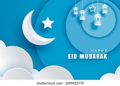 Happy Eid Mubarak greeting card with crescent moon paper art background. Ramadan Kareem vector illustration. Use for banner, poster, flyer, brochure sale template.