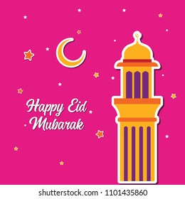 Happy Eid Mubarak Greeting Card design with tower mosque, half moon, and star vector Illustration. Happy Eid Mubarak Greeting Card Background. Tower Mosque Flat Design. Islamic background. Flat.