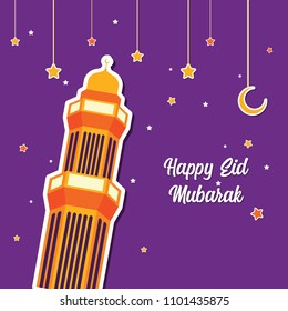 Happy Eid Mubarak Greeting Card design with tower mosque, half moon, and star vector Illustration. Happy Eid Mubarak Greeting Card Background. Tower Mosque Flat Design. Islamic background. Flat.
