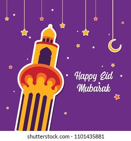 Happy Eid Mubarak Greeting Card design with tower mosque, half moon, and star vector Illustration. Happy Eid Mubarak Greeting Card Background. Tower Mosque Flat Design. Islamic background. Flat.