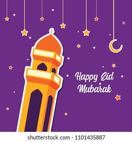 Happy Eid Mubarak Greeting Card design with tower mosque, half moon, and star vector Illustration. Happy Eid Mubarak Greeting Card Background. Tower Mosque Flat Design. Islamic background. Flat.
