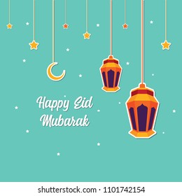 Happy Eid Mubarak Greeting Card design with lantern, half moon, and star vector Illustration. Happy Eid Mubarak Greeting Card Background. Lantern Flat Design. Islamic Background. Flat.