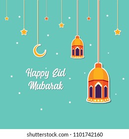 Happy Eid Mubarak Greeting Card design with lantern, half moon, and star vector Illustration. Lantern Flat Design. Islamic Background. Flat.