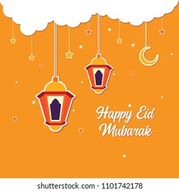 Happy Eid Mubarak Greeting Card design with lantern, half moon, and star vector Illustration. Happy Eid Mubarak Greeting Card Background. Lantern Flat Design. Islamic Background. Flat.