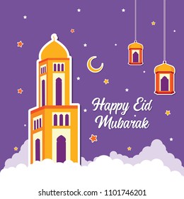 Happy Eid Mubarak Greeting Card design with lantern and tower mosque vector Illustration. Lantern and tower mosque Flat Design. Islamic Background. Flat.