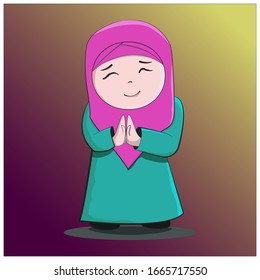 happy eid mubarak greeting card vector. Happy Muslim girl, Muslim girl standing and smiling. Muslim kids character vector