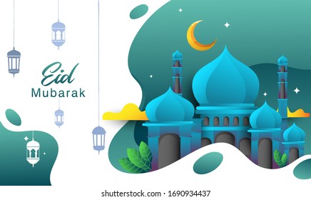 Happy eid mubarak greeting Card Illustration, ramadan kareem cartoon vector for Islamic festival for banner, poster, background, and sale background.