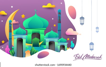 Happy eid mubarak greeting Card Illustration, ramadan kareem cartoon vector for Islamic festival for banner, poster, background, and sale background.