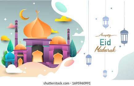 Happy eid mubarak greeting Card Illustration, ramadan kareem cartoon vector for Islamic festival for banner, poster, background, and sale background.
