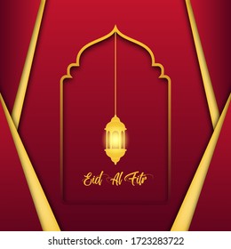 Happy eid mubarak greeting card design. Month of fasting for Muslims. With hanging golden lanterns and a beautiful red color.