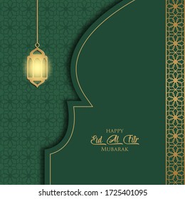 Happy eid mubarak greeting card design. Month of fasting for Muslims. With lanterns shining hanging and Islamic patterns on beautiful greens. Happiness day for Muslims.